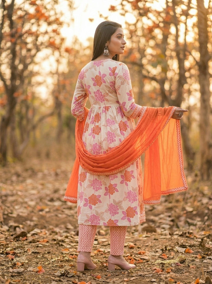 White Pink Floral Anarkali Kurti Set