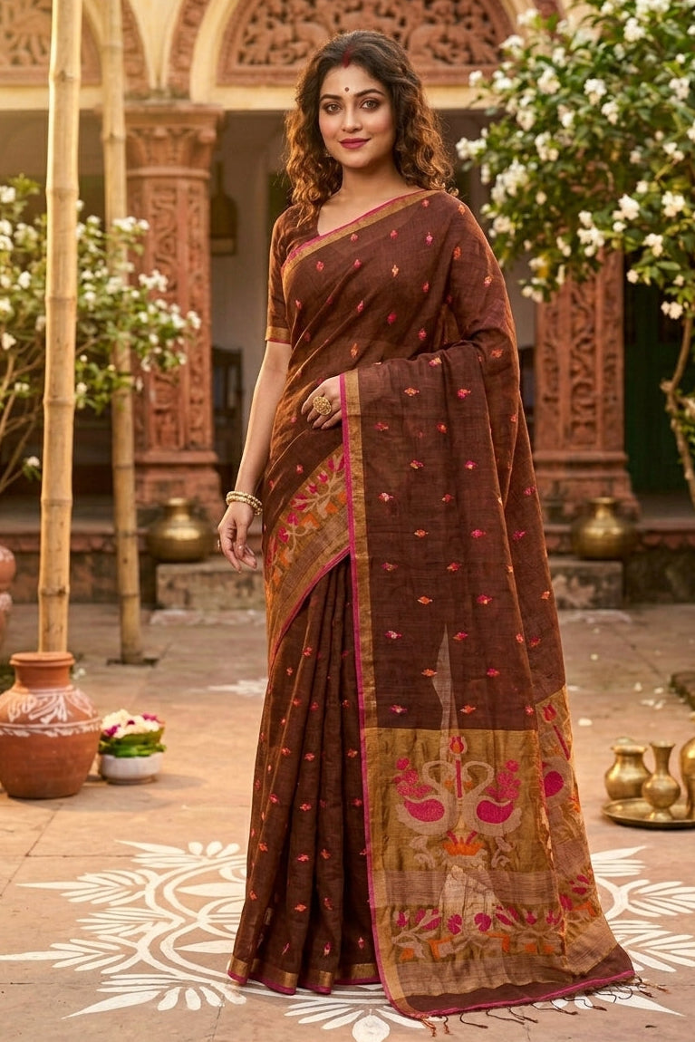 Aponjon Pure Linen Jamdani Saree