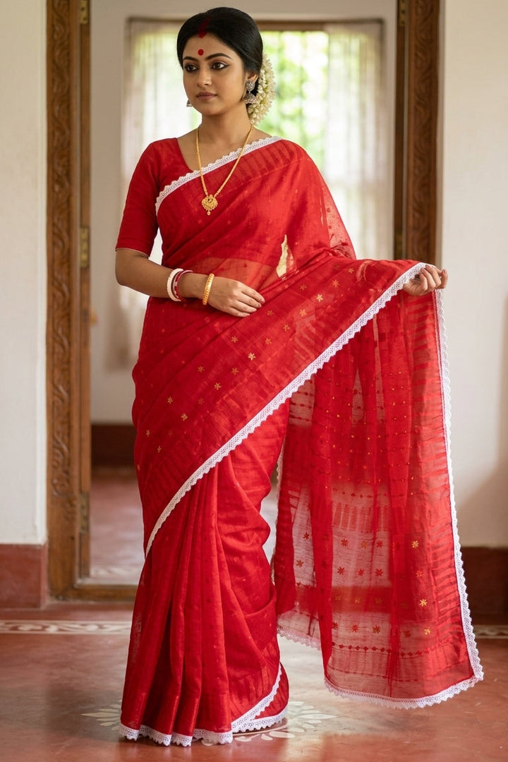 Binodini Bengal Jamdani Saree(Red)