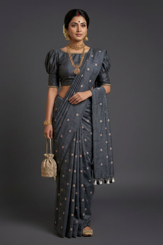Bengal Shiuli(Jasmine) khadi Saree In Grey