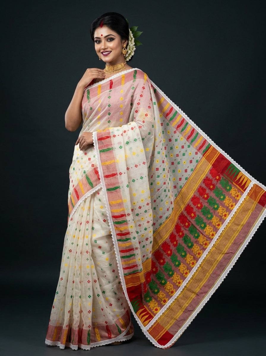 Binodini Bengal Jamdani Saree (White, Red Border)