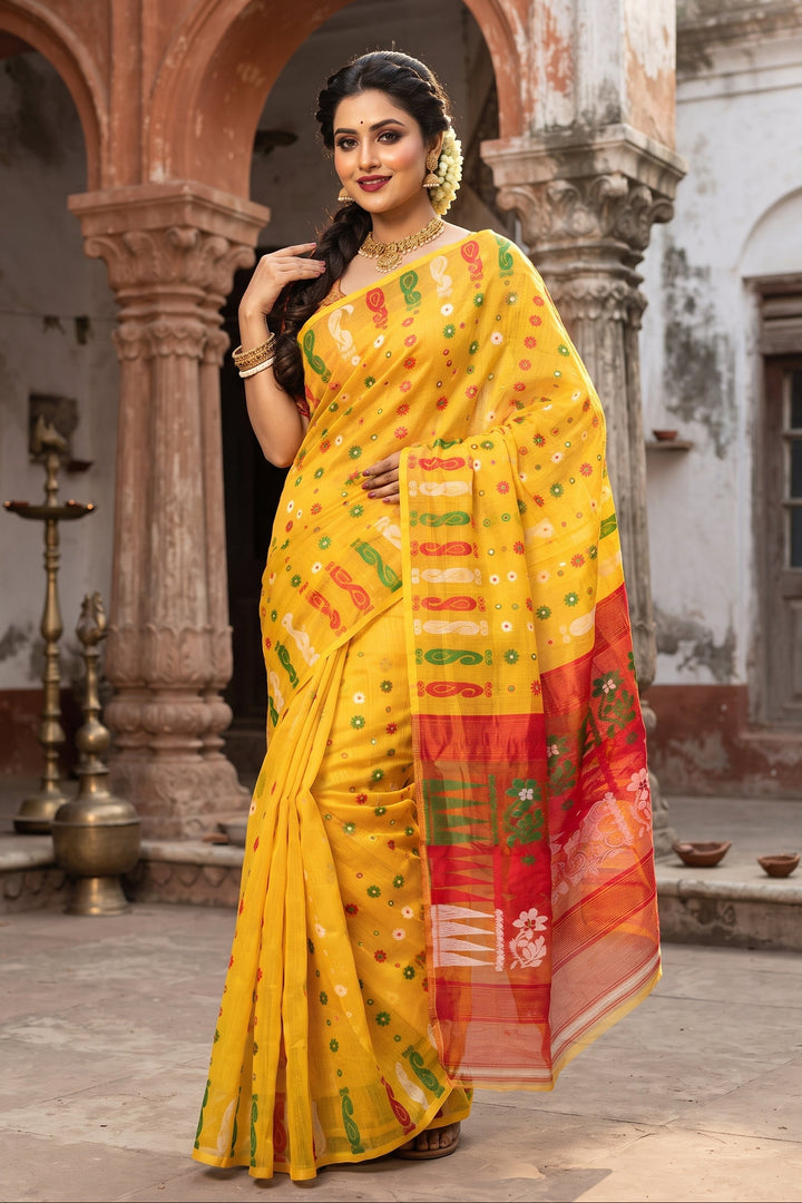 Suranjali Bengal Jamdani Saree (Yellow Red)