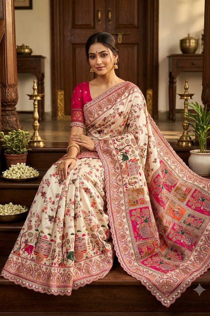 Rajwadi Noor Pashmina Silk Saree with Kashmiri Thread Weaving &amp; Heavy Zari Border (Copy) (Copy)