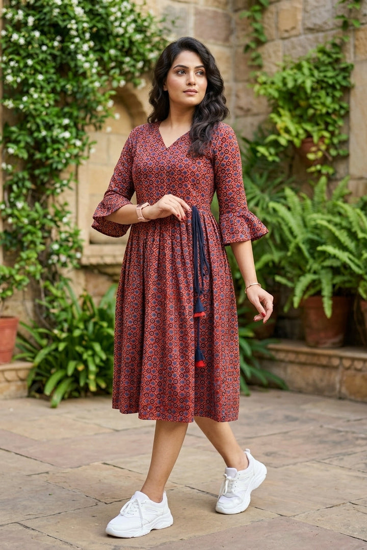 Ajrakh Jadu- Pure Handblock Handloom Long Cotton Dress