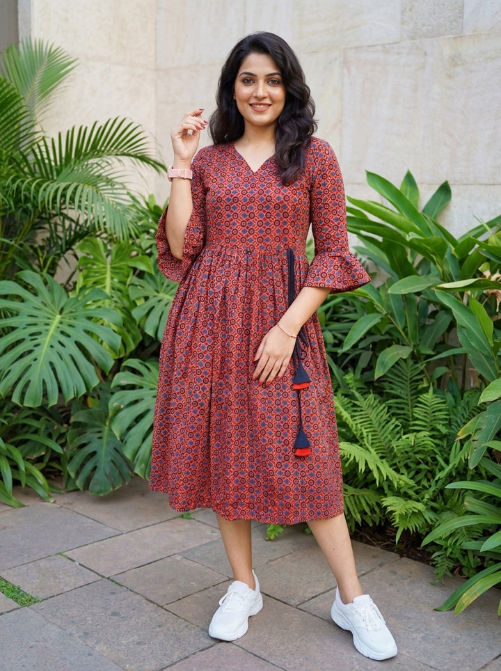 Ajrakh Jadu- Pure Handblock Handloom Long Cotton Dress
