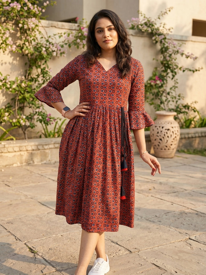 Ajrakh Jadu- Pure Handblock Handloom Long Cotton Dress