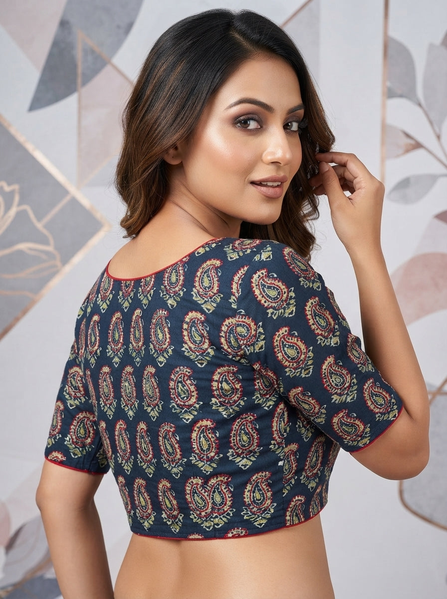 Divine Desire Ajrakh Printed Kantha Embroidered Cotton Blouse