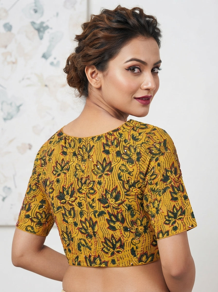 Divine Desire Ajrakh Printed Kantha Embroidered Cotton Blouse