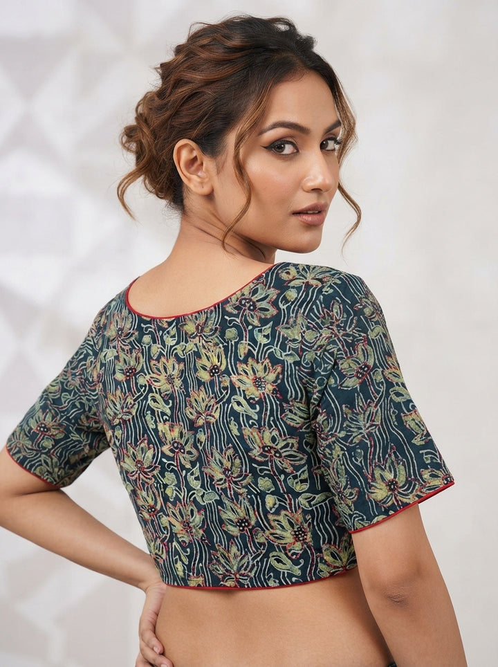 Divine Desire Ajrakh Printed Kantha Embroidered Cotton Blouse