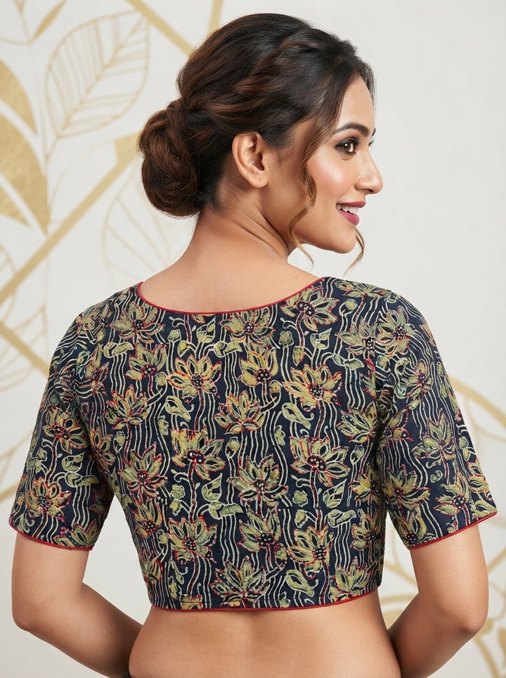 Divine Desire Ajrakh Printed Kantha Embroidered Cotton Blouse