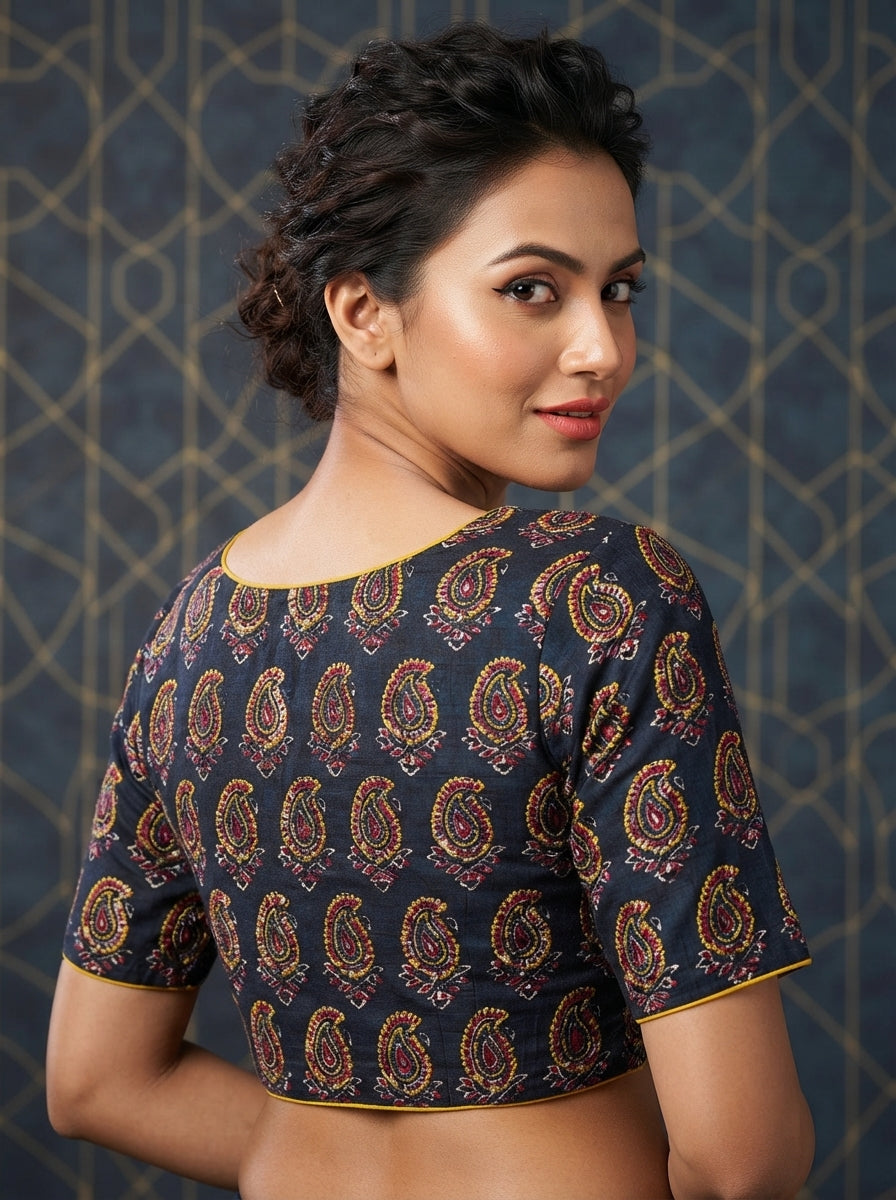 Divine Desire Ajrakh Printed Kantha Embroidered Cotton Blouse