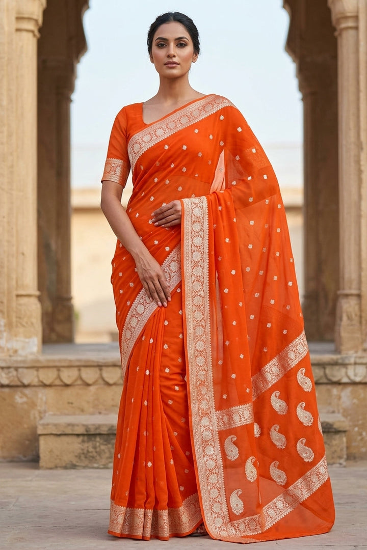 Kesariya Charm Khaddi Chiffon Banarasi Saree