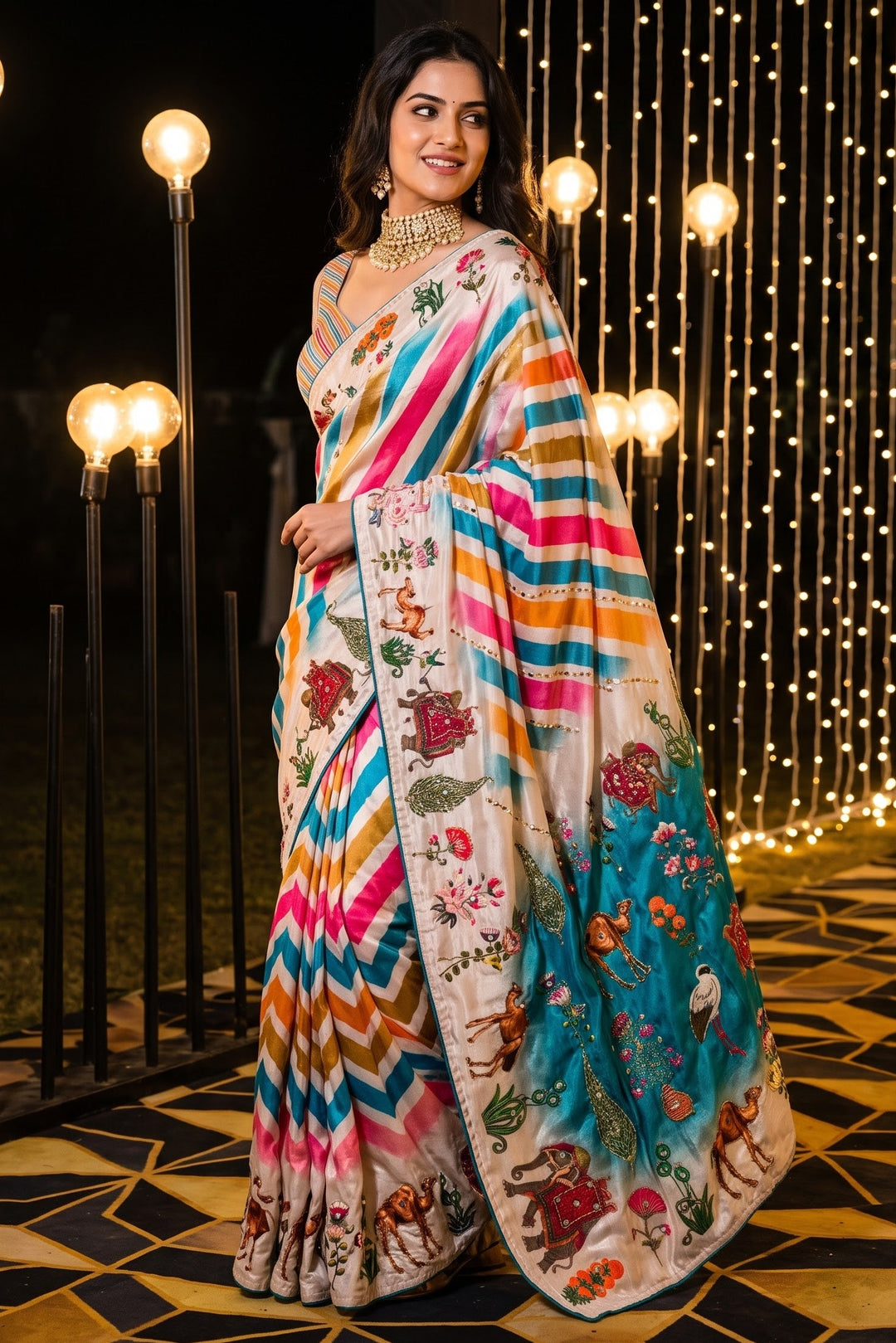 Dreamscape – Chinnon Silk Digital Print Mirrorwork Saree