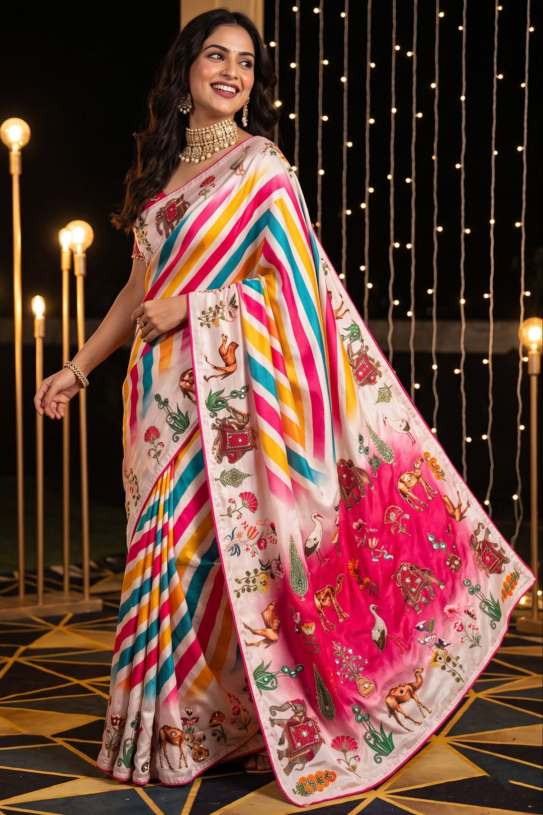 Dreamscape – Chinnon Silk Digital Print Mirrorwork Saree