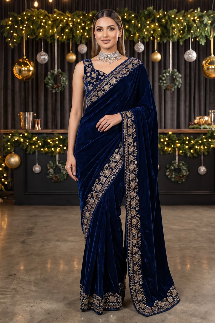 Silence of Luxury Viscose Velvet Sequin Embroidered Saree