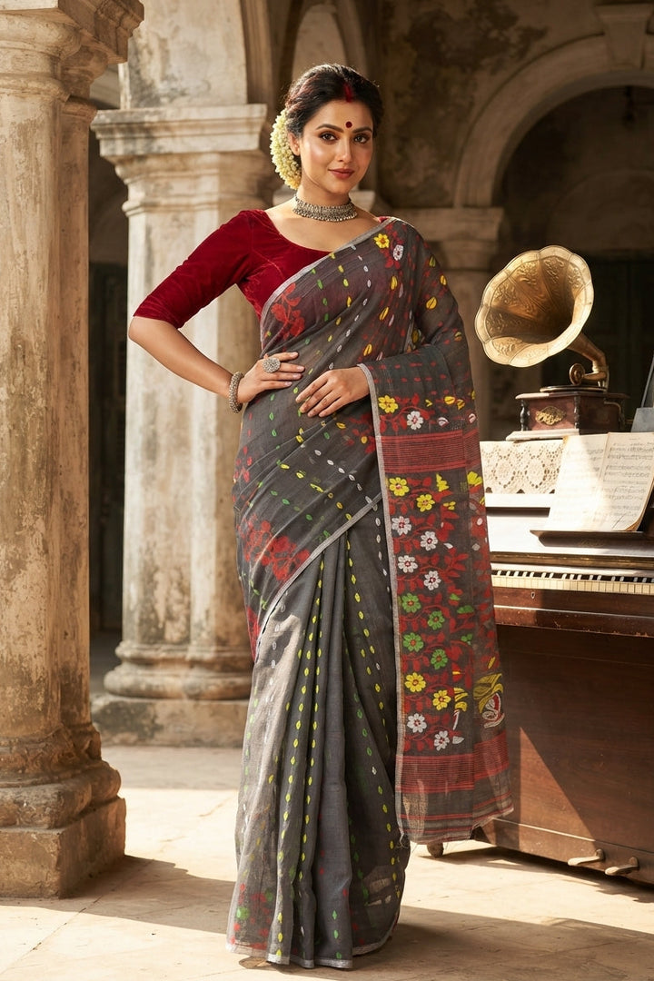 Grey Floral Dhakai Jamdani Saree