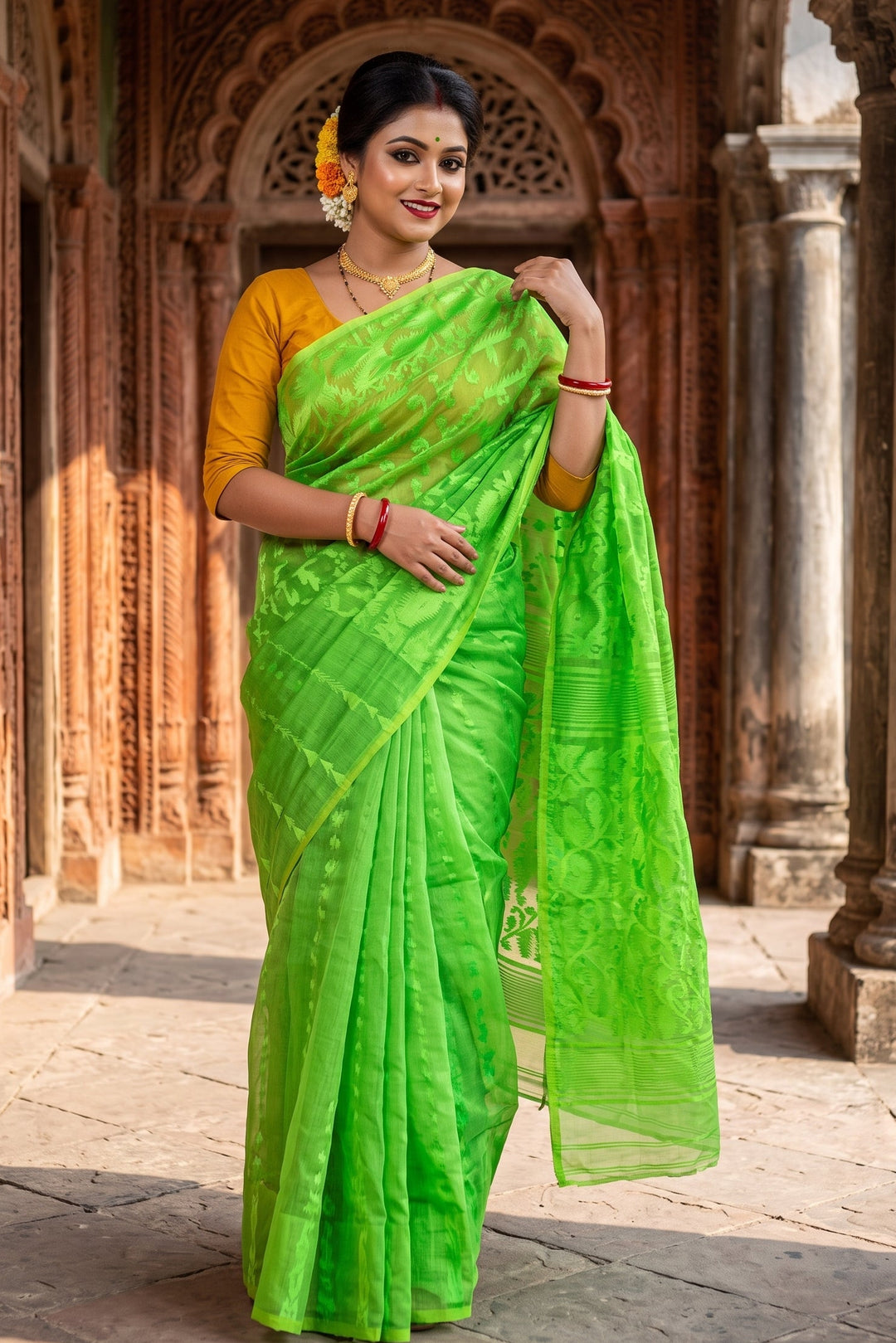 Shatarupa Bengal Jamdani Saree (Lime Green)