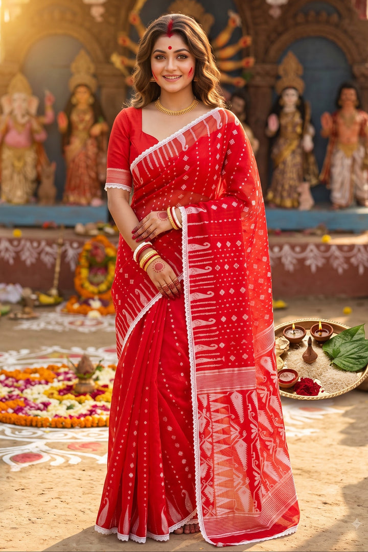 Binodini Bengal Jamdani Saree ( Red and white )