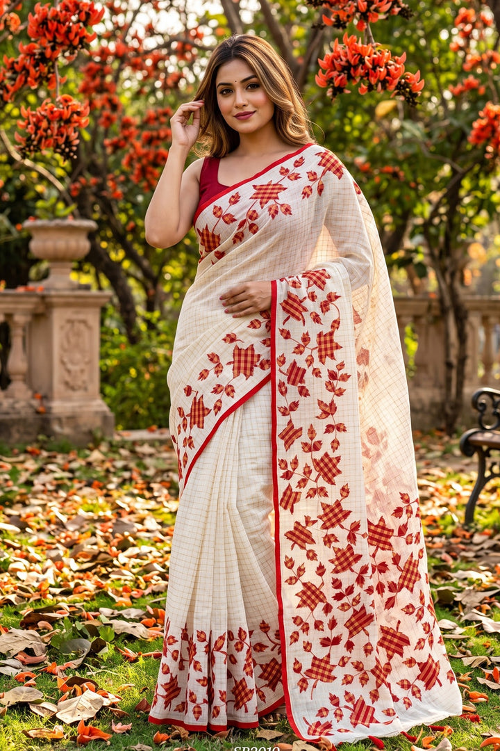 Patar Uronto Golpo Dhonekhali Applique Cotton Saree