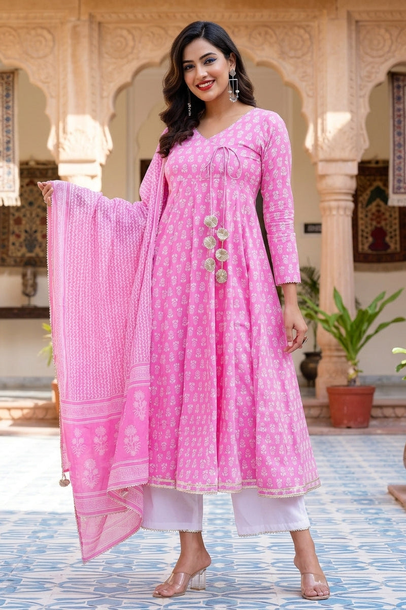 Cotton Candy Beautiful Angrakha Style Pink Cotton Kurti Set