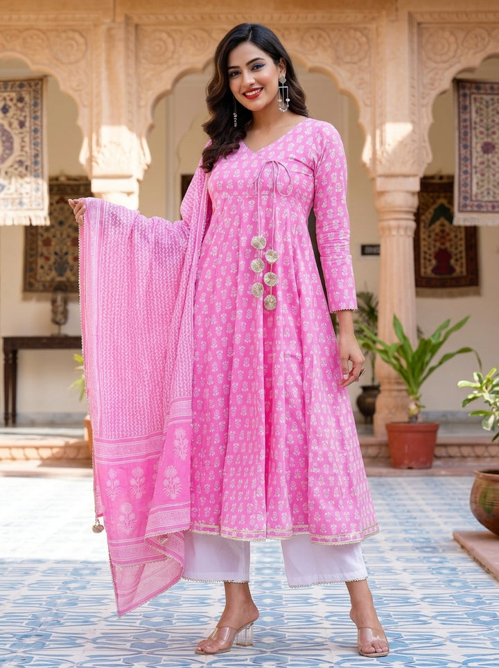 Cotton Candy Beautiful Angrakha Style Pink Cotton Kurti Set