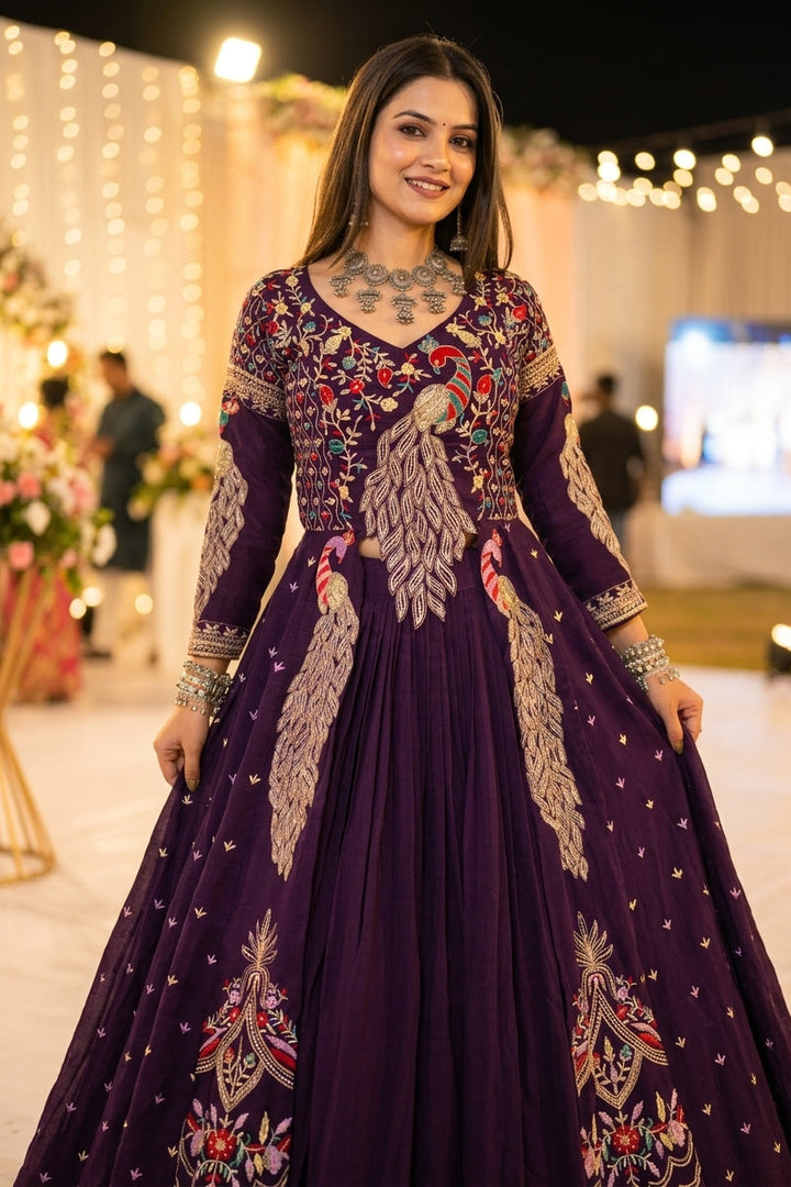 Purple Peacock Dream Vichitra Silk Lehenga
