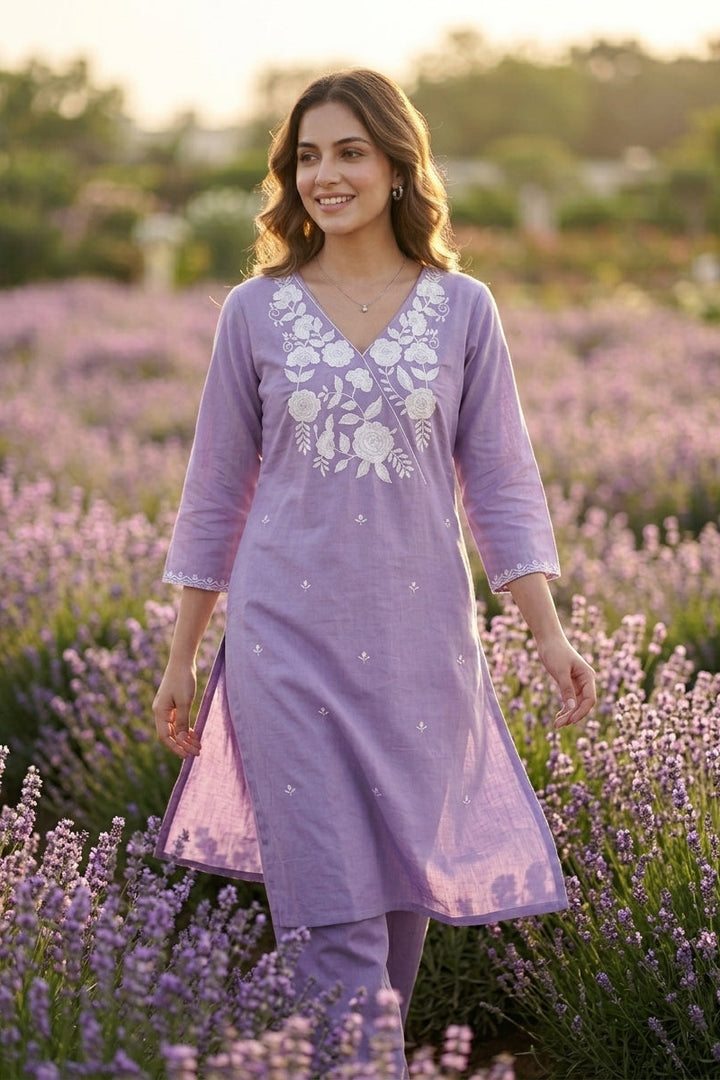 Keshariya Bloom Kurti Set (Lavender)
