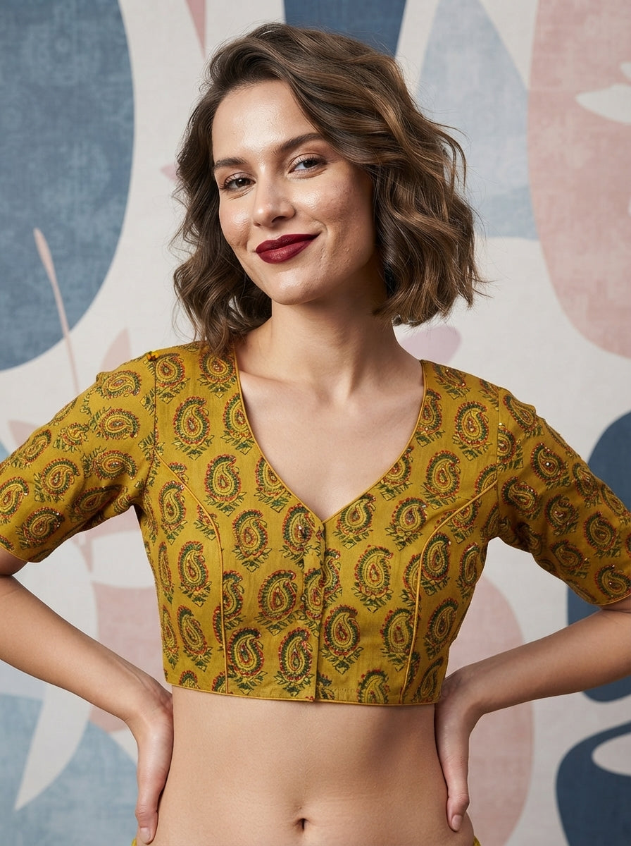 Divine Desire Ajrakh Printed Kantha Embroidered Cotton Blouse