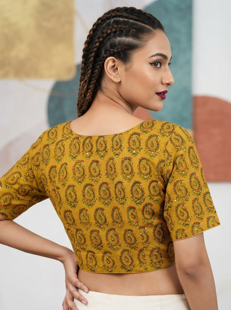 Divine Desire Ajrakh Printed Kantha Embroidered Cotton Blouse