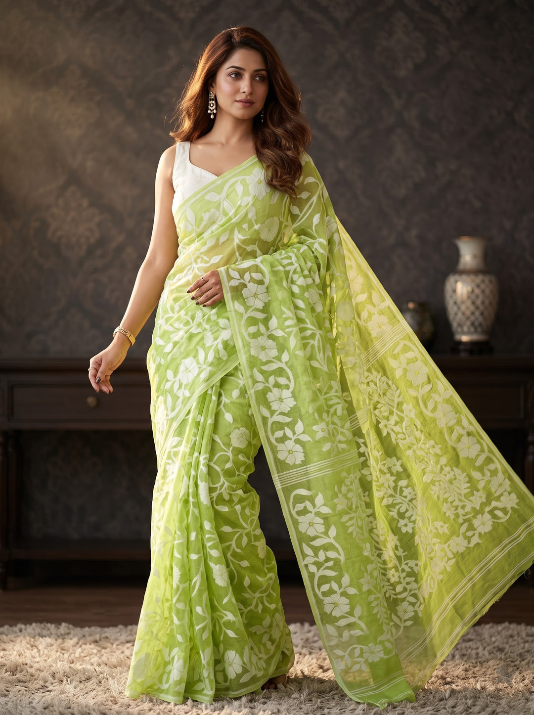 Pushpalata- Flowering Vines Cotton Jamdani Saree