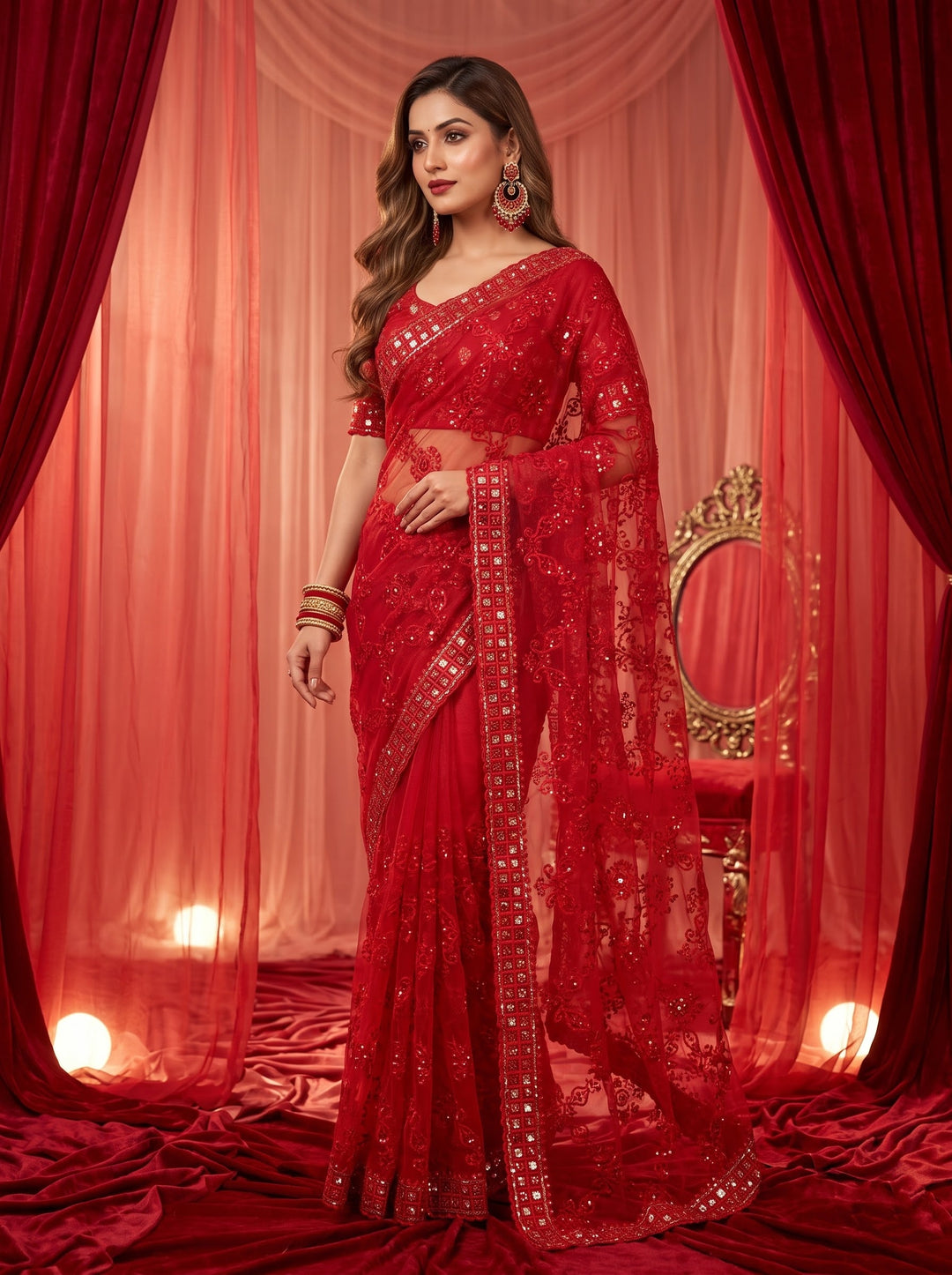 Red Bell Model Inspired Organza Saree