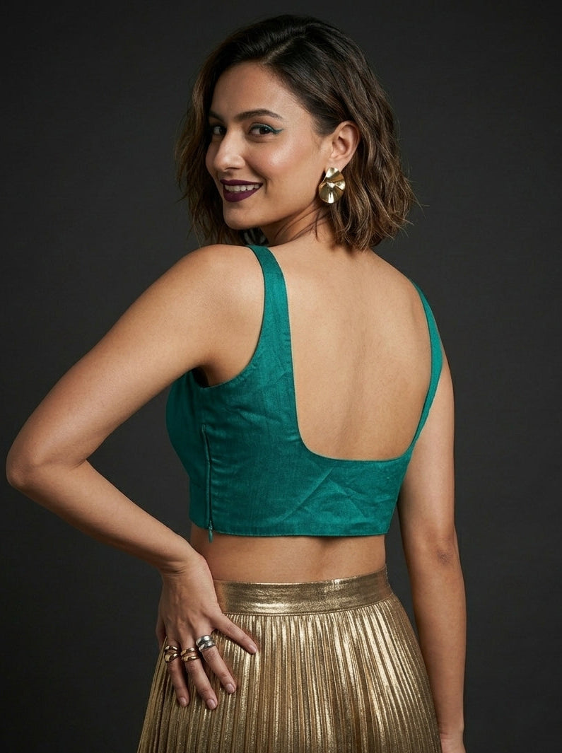 The Teal Overlap Designer Silk Blouse