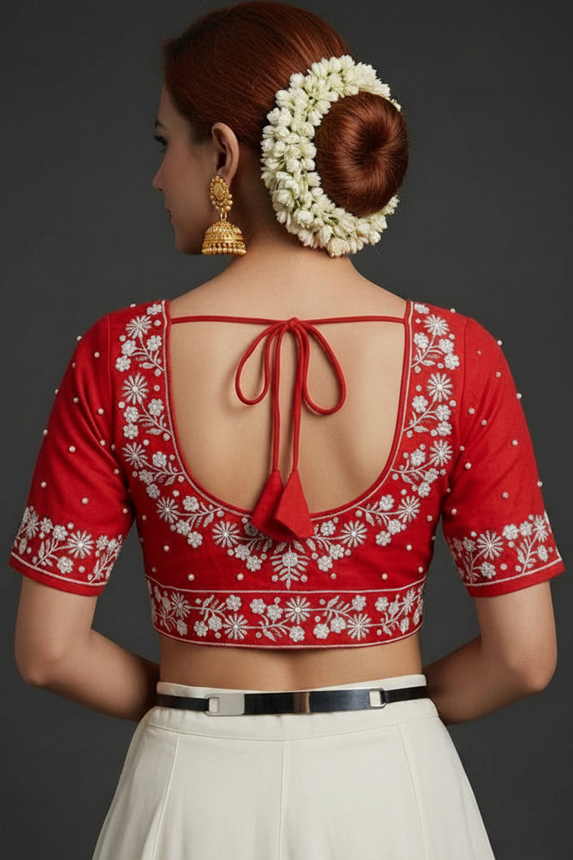 The Monarch Red Flower Designer Blouse