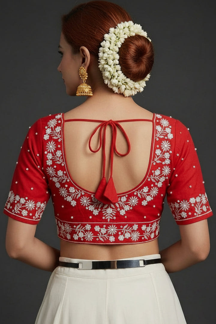 The Monarch Red Flower Designer Blouse