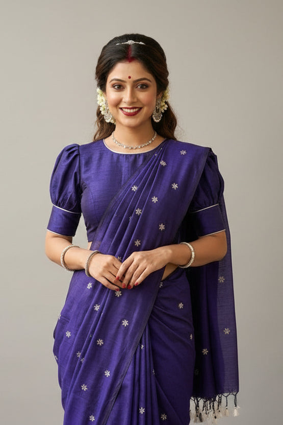 Bengal Shiuli(Jasmine) khadi Saree In Blue