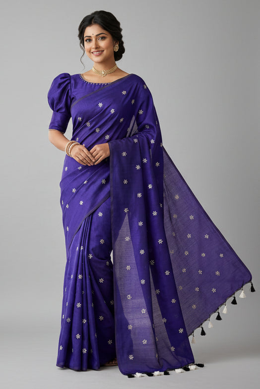 Bengal Shiuli(Jasmine) khadi Saree In Blue