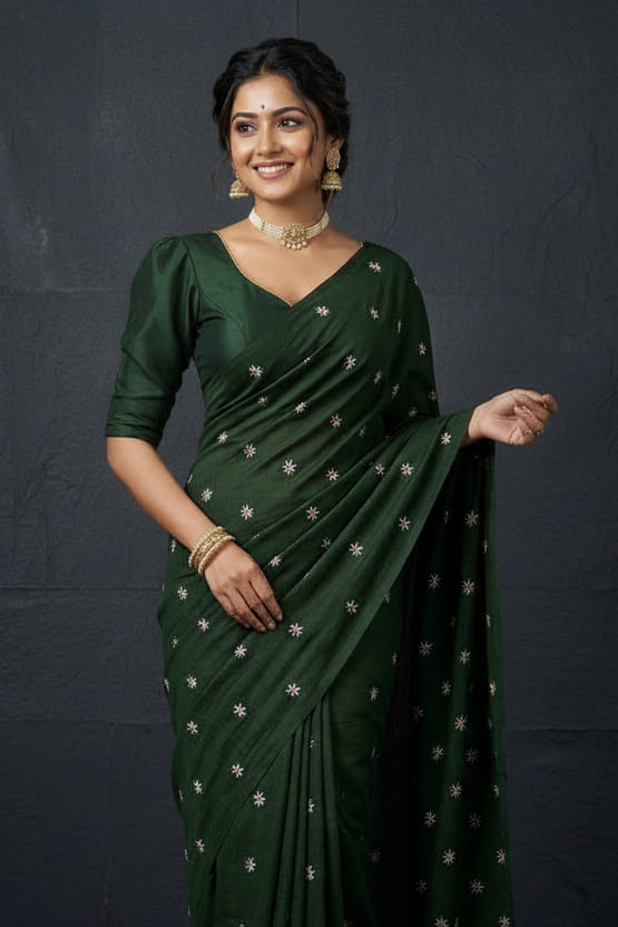 Bengal Shiuli(Jasmine) khadi Saree In Bottle Green