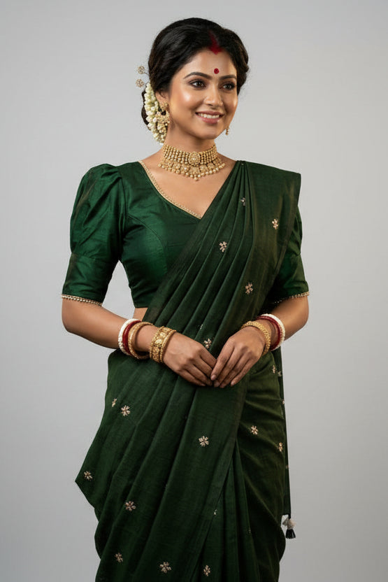 Bengal Shiuli(Jasmine) khadi Saree In Bottle Green