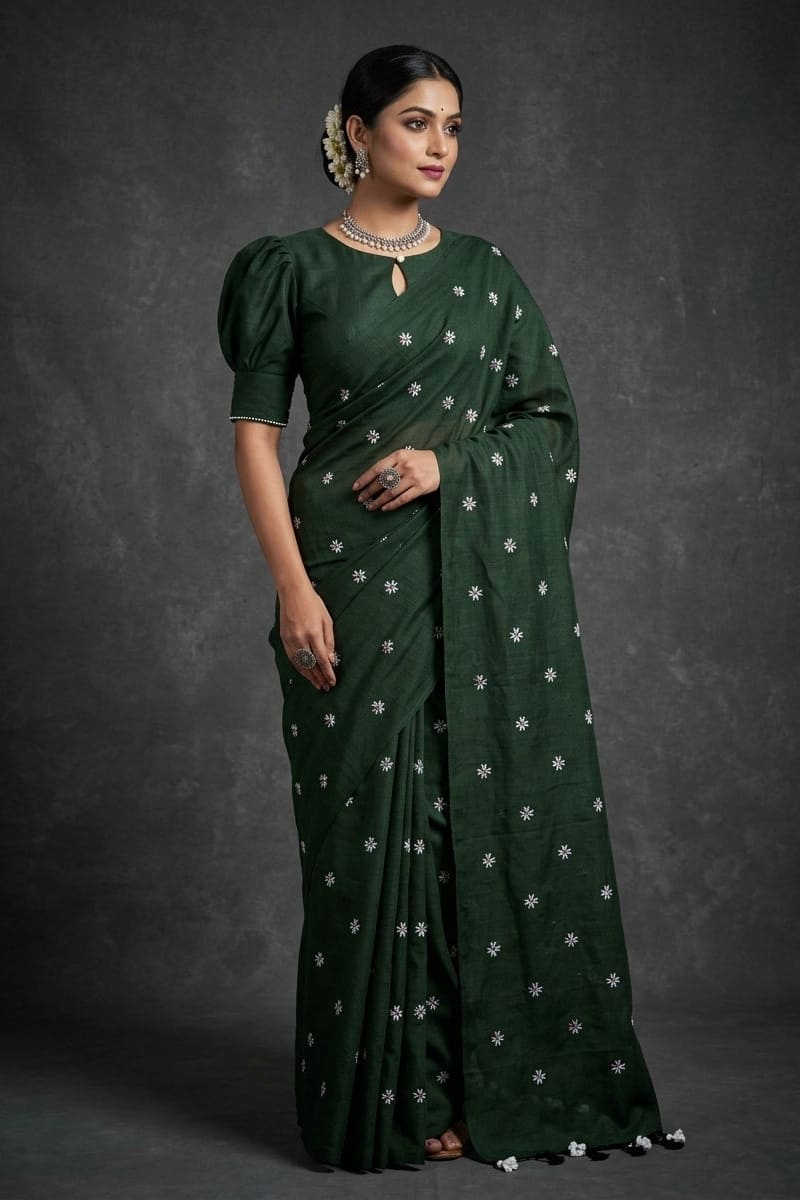 Bengal Shiuli(Jasmine) khadi Saree In Bottle Green