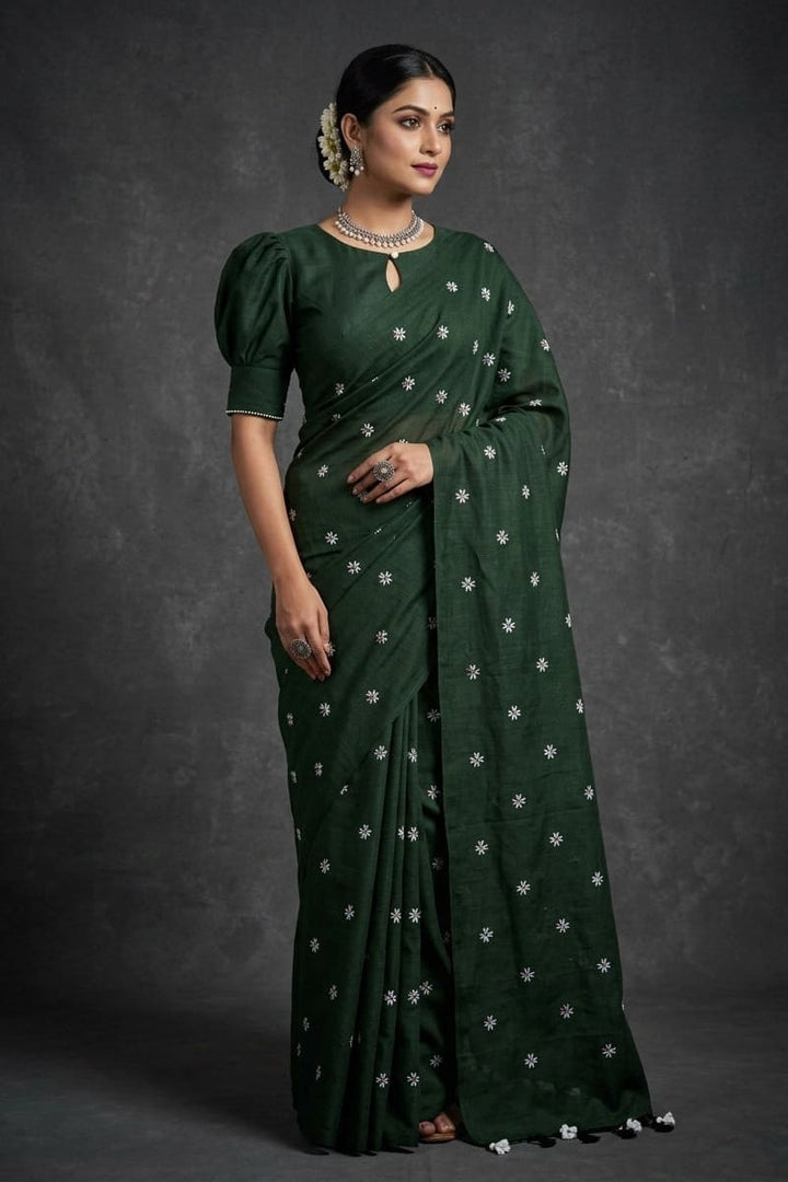 Bengal Shiuli(Jasmine) khadi Saree In Bottle Green