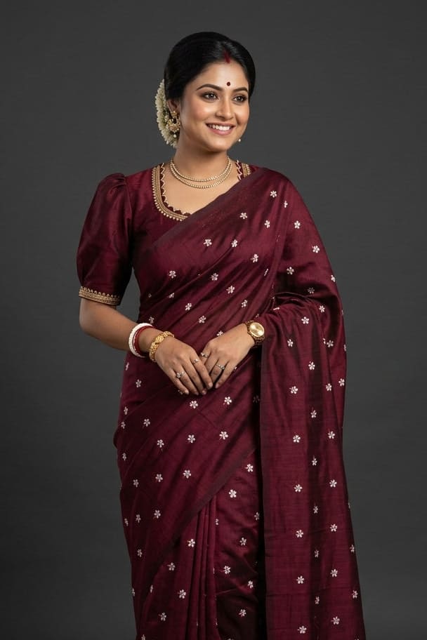 Bengal Shiuli(Jasmine) khadi Saree In Wine