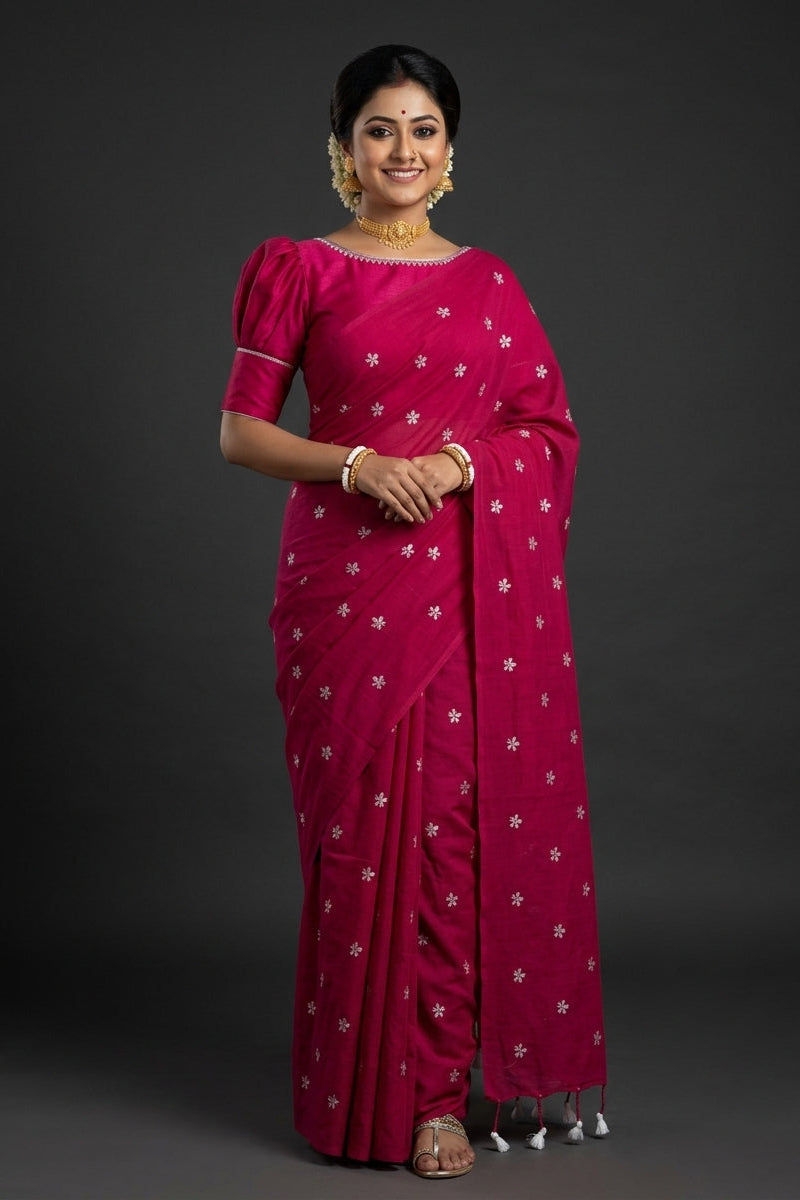 Bengal Shiuli(Jasmine) khadi Saree In Pink
