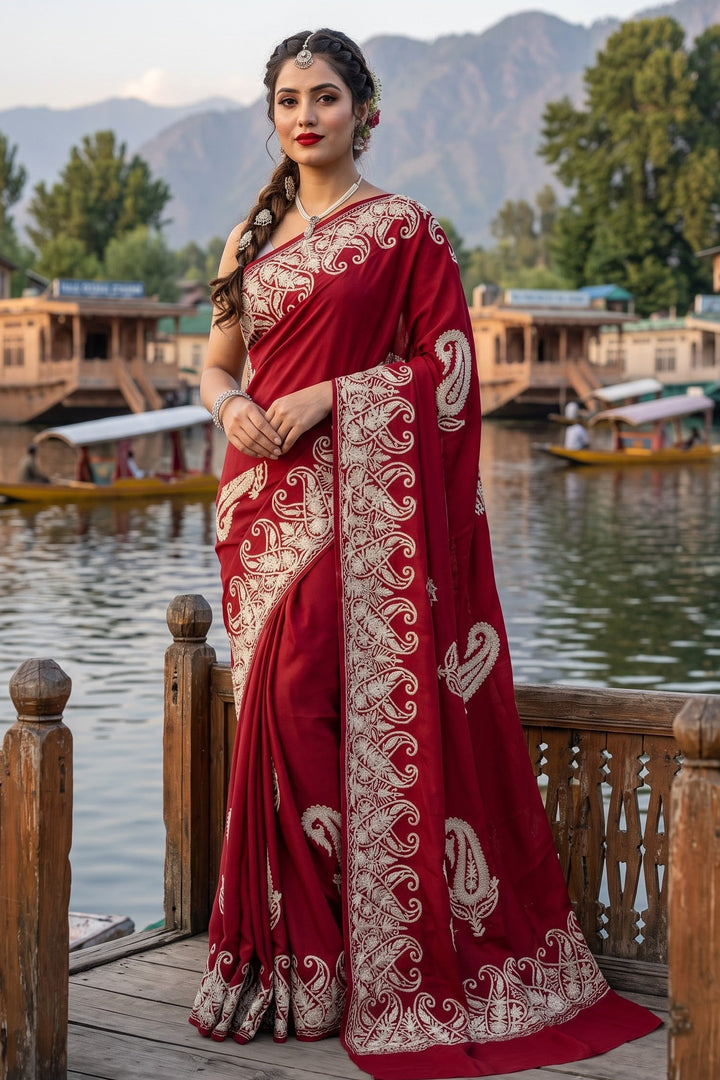 Kashmiri Embroidered Red Saree