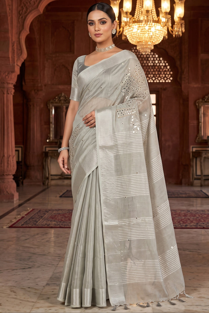 Tree Of Life (Pure Silver Tissue Linen Saree)