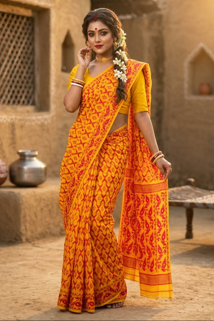 Neel Komol ( নীল কমল) Bengal Jamdani Saree(Yellow & Pink)