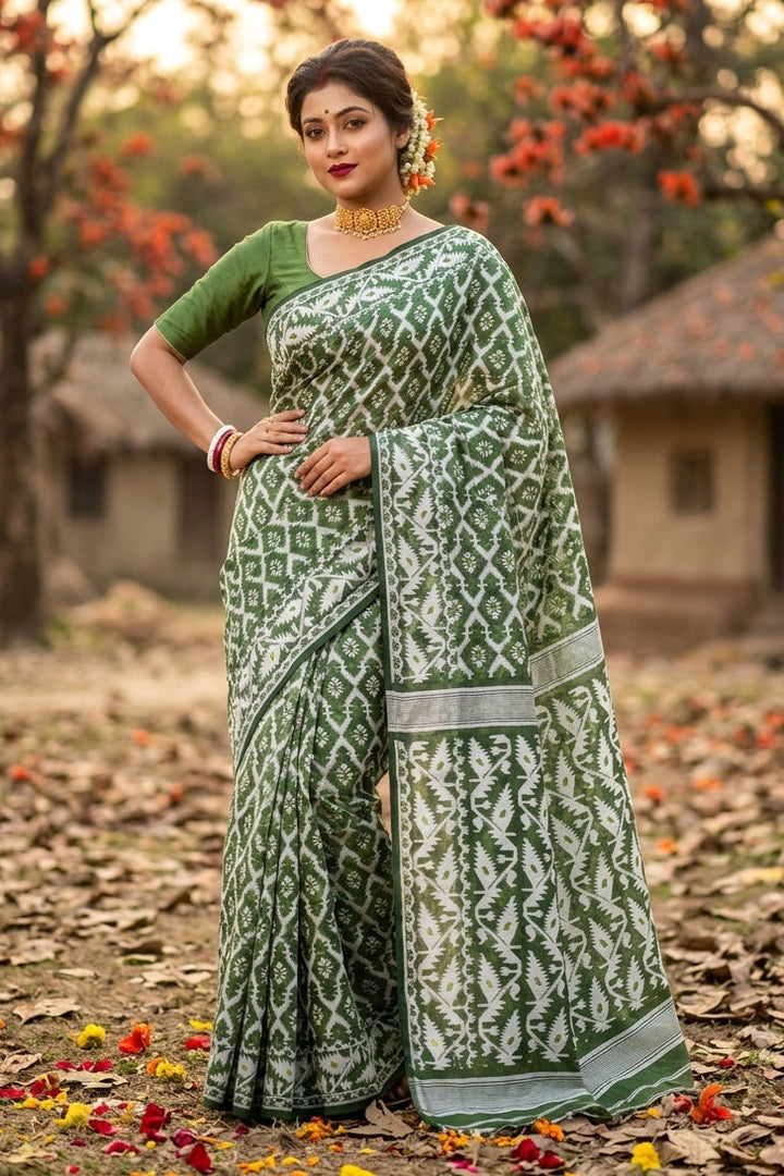 Neel Komol ( নীল কমল )Bengal Jamdani Saree(White & Green )