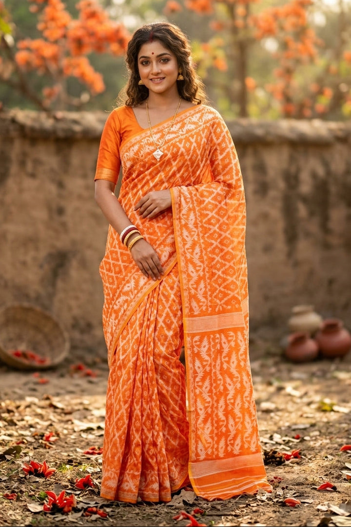 Neel Komol ( নীল কমল )Bengal Jamdani Saree (Orange)