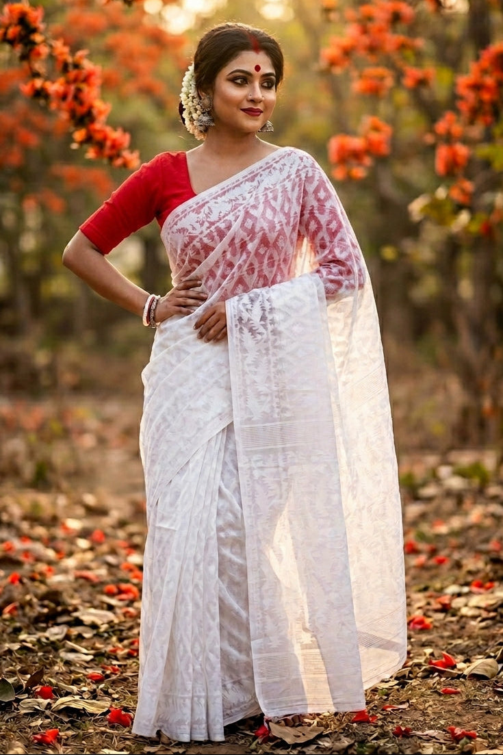 Neel Komol ( নীল কমল )Bengal Jamdani Saree ( White)
