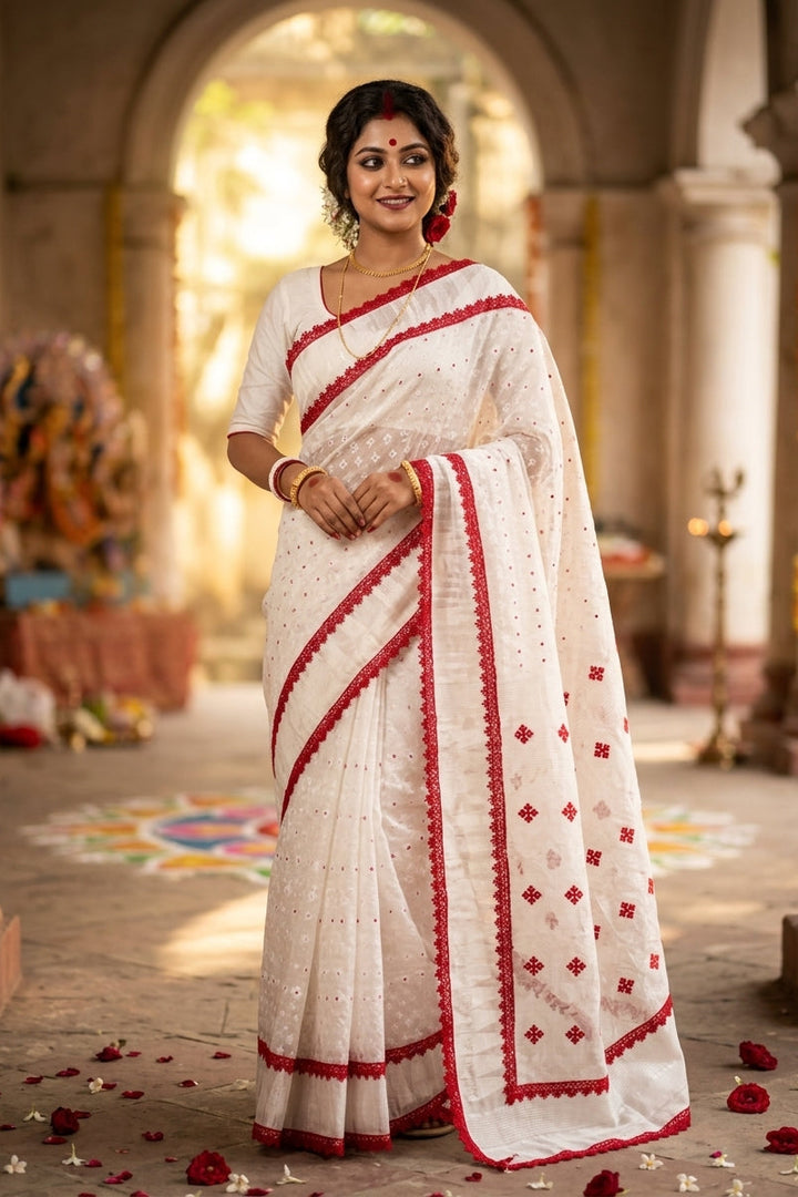 অনন্যা Bengal Jamdani Saree (White& red)