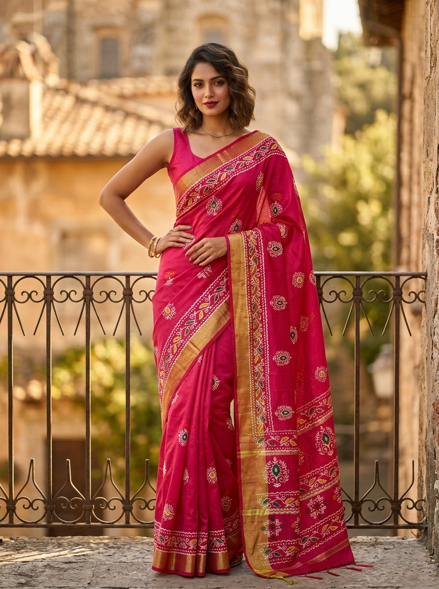 Tulir Tan Cotton Silk Saree (Pink )